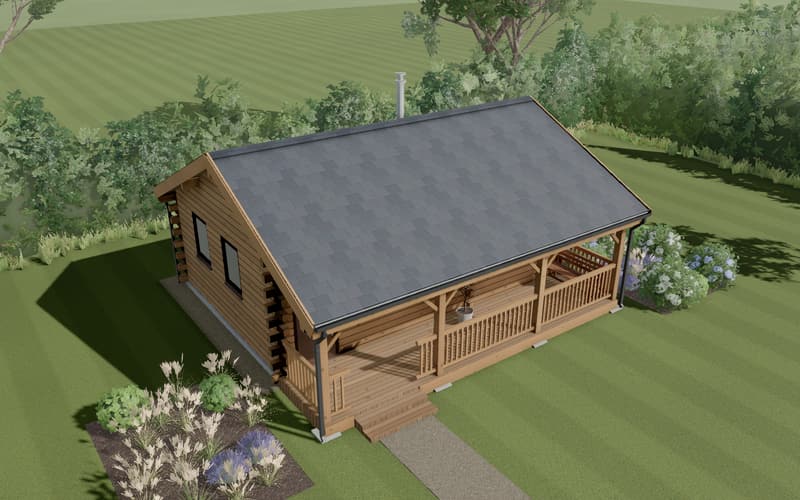 The log cabin sample, finished: a timber cabin with a covered veranda and a grey shingle roof in a country garden.
