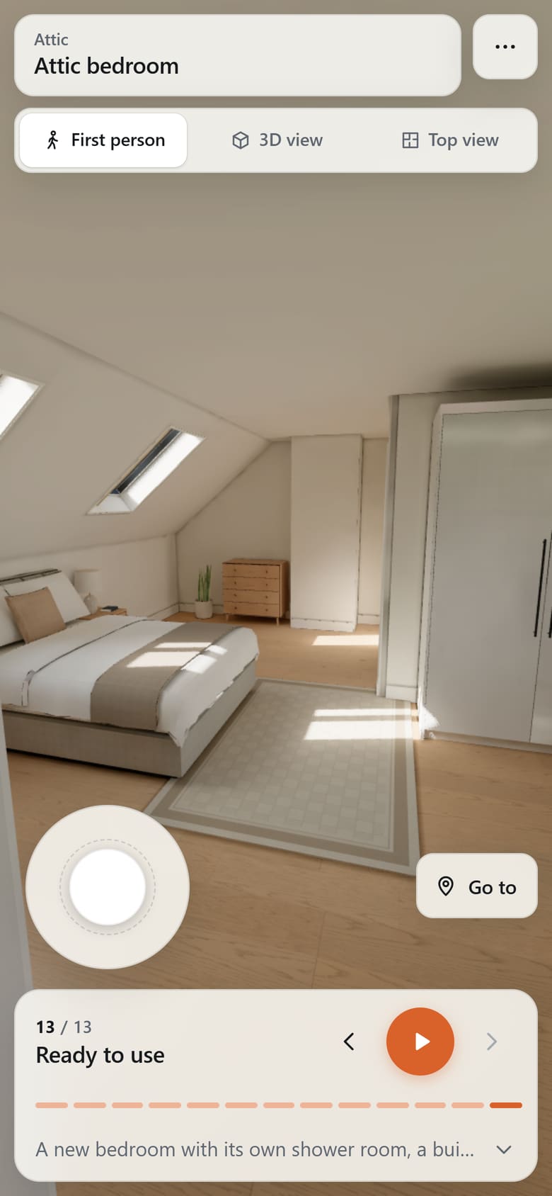 The attic conversion sample on a phone, in First person in the attic bedroom, with the model’s buttons: First person, 3D view and Top view at the top, the joystick and Go to at the bottom, and the stages under them.